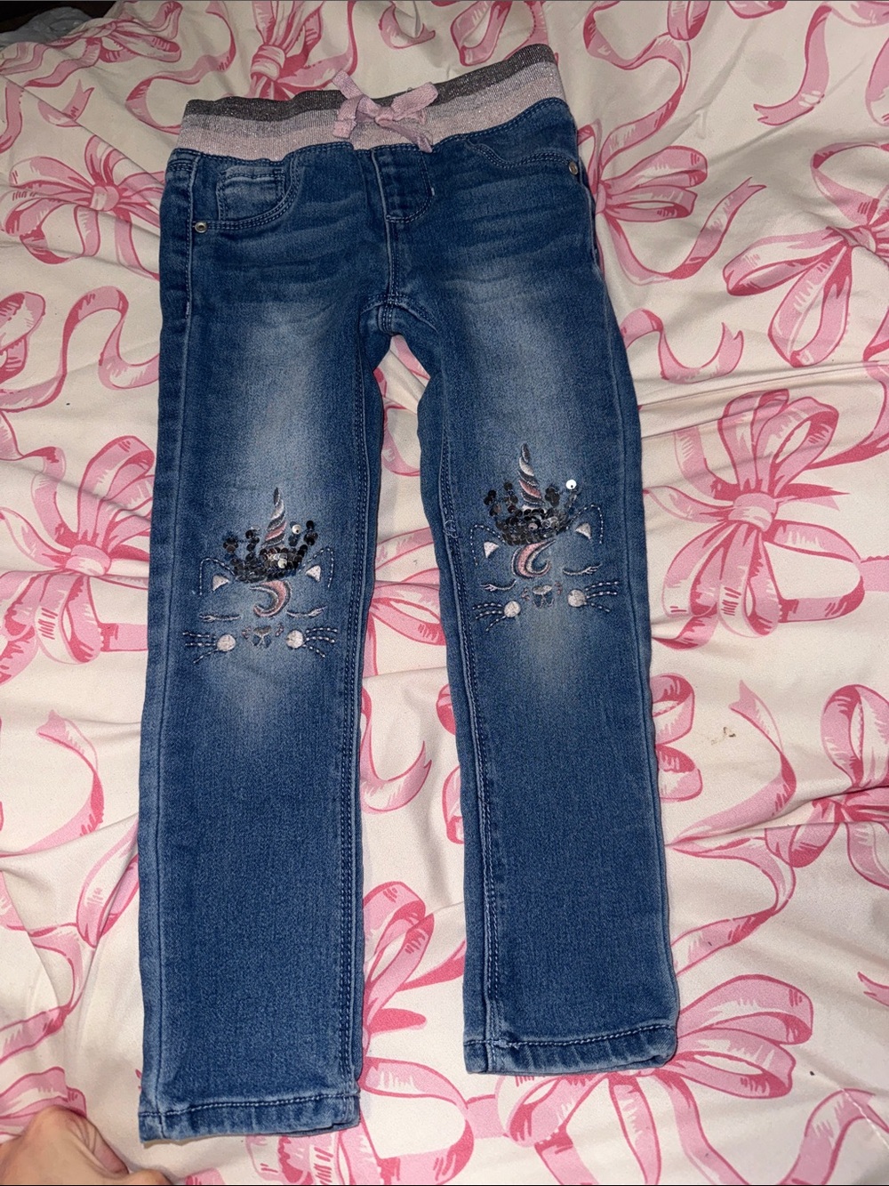 Girls' Blue Denim Unicorn Embroidered Jeans with Pink Waistband
